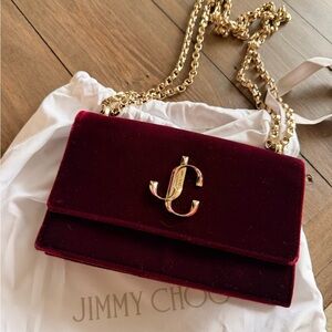 Jimmy Choo Deep Red Velvet Crossbody with Gold Chain
